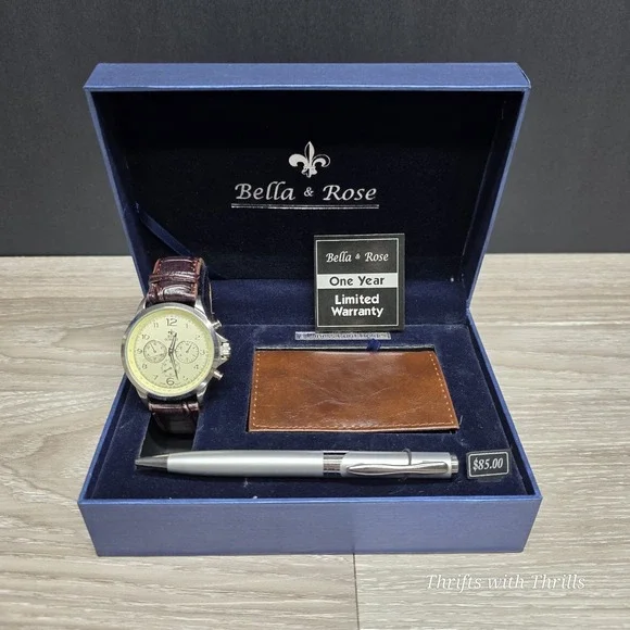 Bella & Rose Gift Set - Men's Watch, Pen, Business Card Holder Gift Set - New - Picture 1 of 14